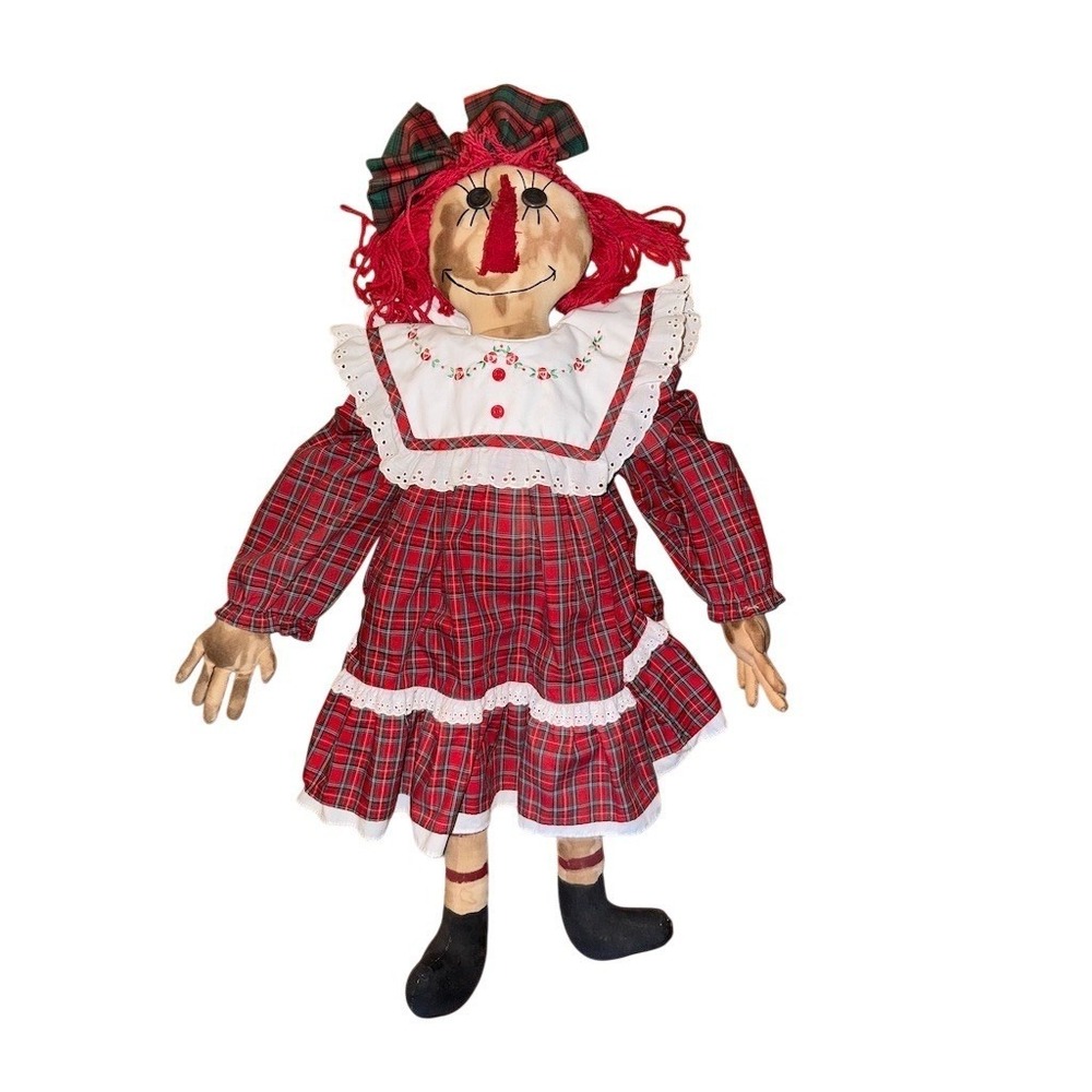 Jo Ellen Lauren Signed Raggedy Ann Cloth Doll 24" Red Yarn Hair Plaid Dress art